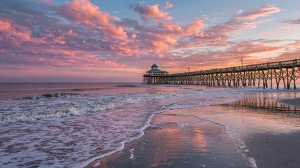 Naklejka premium Charleston Beach Sunrise: Folly Beach Pier on Atlantic Ocean Coast