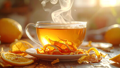 Steaming cup of citrus peel tea on saucer with dried orange peel and lemon slices in warm sunlight, cozy aromatic beverage scene