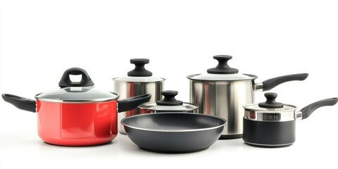 A set of stainless steel cookware is arranged on a white surface. The cookware includes a saucepan with a red handle and lid, a smaller saucepan with a silver handle and lid