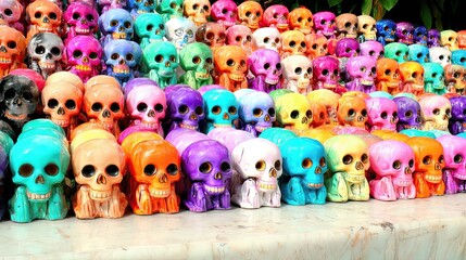 Fototapeta premium Vibrant Market Showcases Colorful Decorated Skulls for Day of the Dead Traditions
