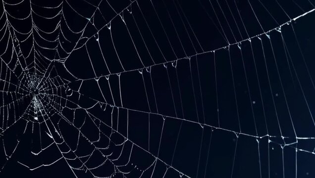 Spider web with dew against dark night sky: sparkling droplets, fine threads, mystical atmosphere &mdash; natural beauty and fragility