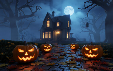Haunted house with jack-o'-lanterns illuminated under a full moon on halloween night illustration
