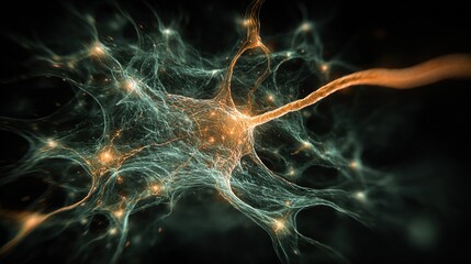 Fototapeta premium Abstract glowing neural network with a disrupted pathway, representing cognitive imperfections.