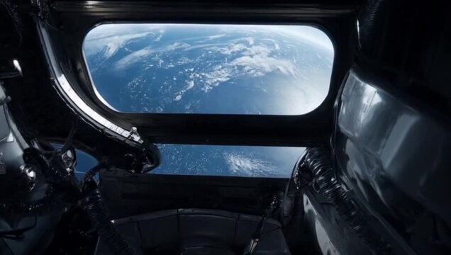 View from inside space station: Earth rotates outside window, light reflects off metal &mdash; orbital flight and cosmic perspective