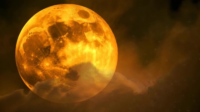 Large orange full moon partially obscured by dramatic clouds with silhouetted birds flying orange moon
