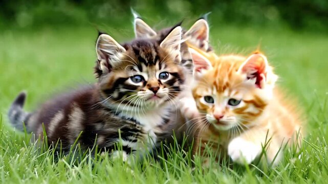 Cute playful kittens on the grass on a summer day