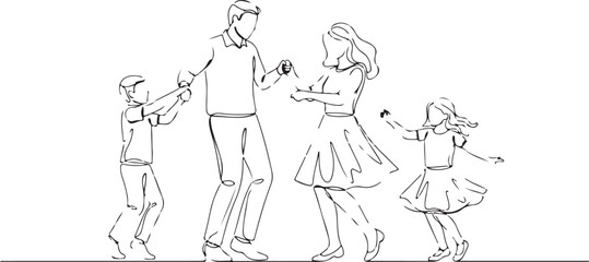 Minimal line art family dancing together outline