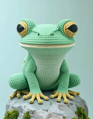 Knitted frog on rock