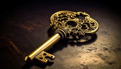 Ornate Golden Key on Dark Textured Wooden Surface Revealing Intricate Design with Decorative Details and Antique Metal Finish in Dramatic Lighting