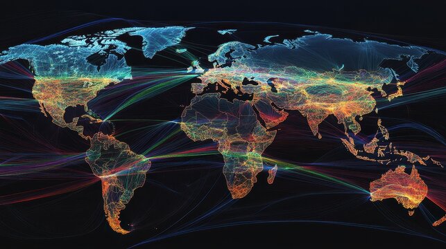 A glowing digital world map showing illuminated data connections and bright communication lines across continents. - Powered by Adobe