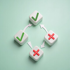 Decision Making Concept with Checkmark and Cross Symbols &ndash; Minimal 3D Illustration on Green Background