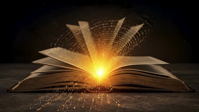An open book with glowing light and streams of binary code flying from pages in powerful scene. Concept of ancient knowledge meeting modern technology.
