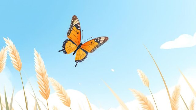 Butterfly Illustration on Sky Background with Wheat Field Illustration in Soft Lighting for Adobe Stock
