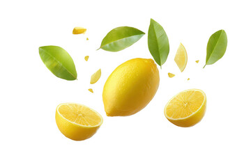 Floating Lemon with Leaves and Slices on Transparent Background