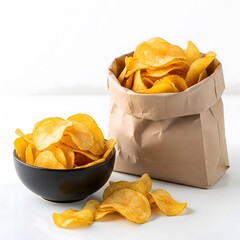 Golden Potato Crisps in a Black Bowl and Paper Bag Delicious Snacks for Any Occasion