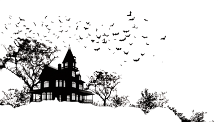 Haunted house with bats at night isolated on transparent background
