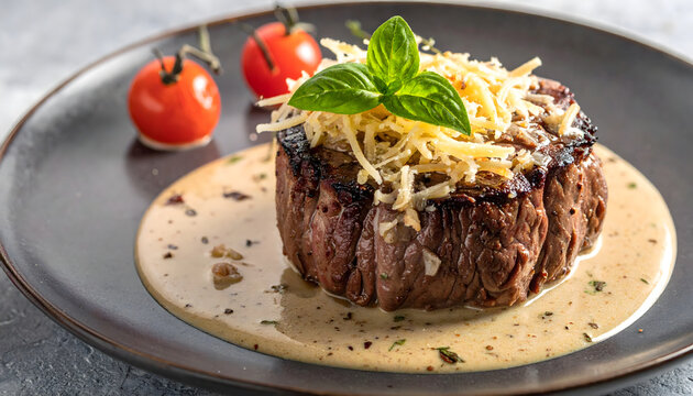 Seared beef tournedos topped with grated cheese and basil served creamy sauce with cherry tomato garnish, rich savory presentation and elegant