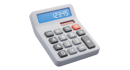 A simple white desktop calculator with a blue illuminated lcd screen displaying numbers against a solid black background