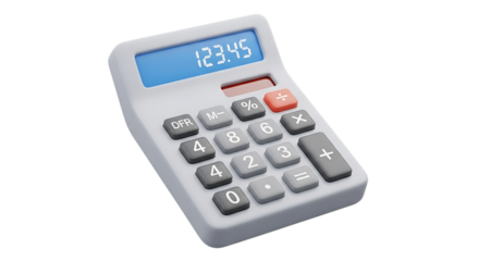 A simple white desktop calculator with a blue illuminated lcd screen displaying numbers against a solid black background