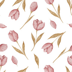 Watercolor seamless pattern with spring flowers in pastel pink  colors, isolated on white background. Perfect for wrapping paper, posters, kids room decor, invitations and textile designs.