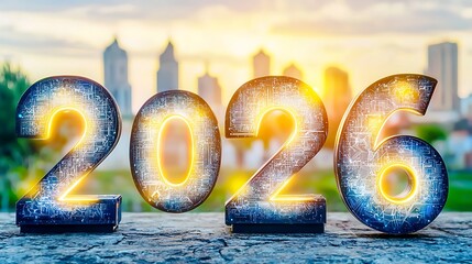 Futuristic 2026 numbers floating above city photographed using full frame camera, 50mm lens, close focus on glowing edges with blurred skyline