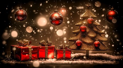 Lux gold tree surrounded by red presents captured using DSLR, 28mm lens, wide angle showing full scene with natural highlights and soft shadows