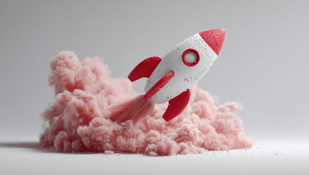 A stylized rocket launches through a cloud of pink fluffy material, conveying a sense of innovative progress and aspiration.