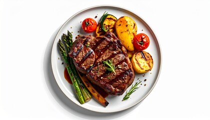 American Steak with Grilled Vegetables Overhead on Clean White Background
