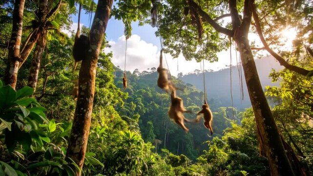 Monkeys Swinging Through Lush Green Tropical Forest with Vibrant Sunlight and Blue Sky in the Background
