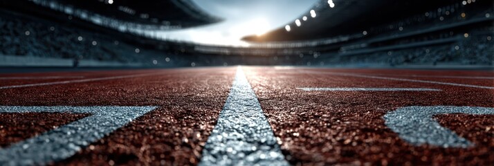 Track surface at a sports stadium during dawn, showing the starting line and stands in the background