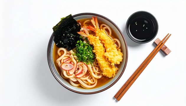 Udon Noodle Soup with Tempura Shrimp Overhead on Clean White Background