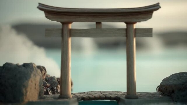 A wooden Japanese torii gate standing in a calm turquoise pool, surrounded by rocks with steam rising in the background.