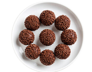 Traditional Brazilian Brigadeiros Arranged in White Ceramic Plate, Top-Down View, Isolated on Transparent Background