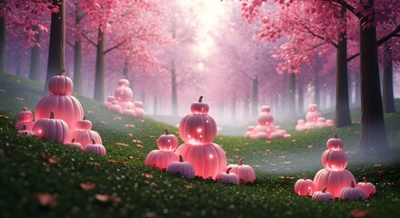 Enchanted pink pumpkin patch nestled within a mystical cherry blossom forest bathed in ethereal light