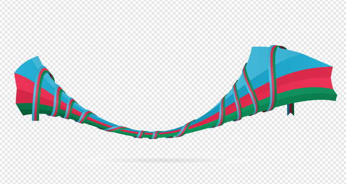 Blue, red, and green ribbon wrapped around a 3D wave shape