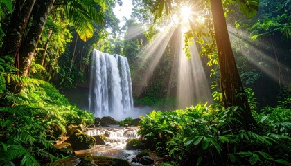 Stunning Waterfall in Lush Tropical Rainforest with Sunbeams.