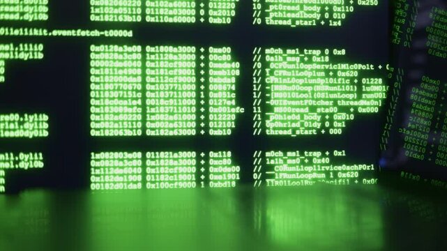 Hacker decoding matrix code in dark room, hacker focused on screen with green glow, hands appearing to type complex data, hacker creating intense cybersecurity scene, perfect for thriller visuals.