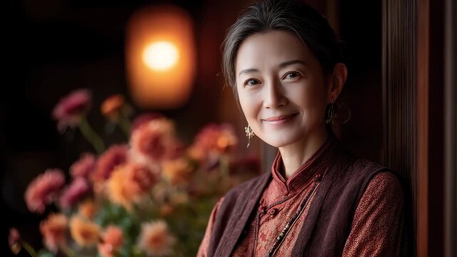 Oriental woman smiles leaning against the door showing gentle temperament
