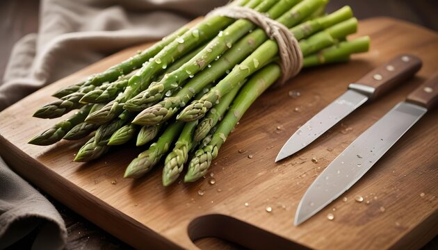 Fresh asparagus with knives on a wooden cutting board - Powered by Adobe