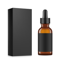 Realistic cardboard packaging box mockup with dropper bottle mockup isolated on white background. Vector illustration. Сan be used for cosmetic, medical and other needs. EPS10.	