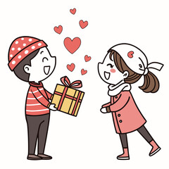 Joyful boy giving a surprise gift to a happy girl surrounded by floating hearts illustration
