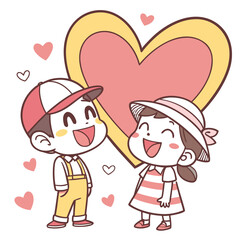 Cute cartoon boy and girl smiling happily with a large pink heart and small hearts in the background