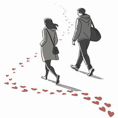 Couple walking away leaving a trail of red hearts on a white background symbolizing love and romance © MST SABLRON