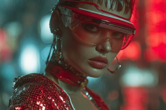 Futuristic woman in red visor glasses and sequins amidst neon city lights.