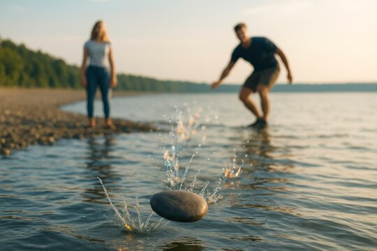 Skipping stones on the river with splashes in summer