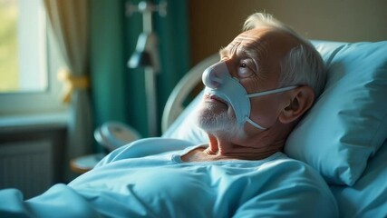 Elderly man resting in hospital bed with oxygen mask for respiratory support and care - Powered by Adobe