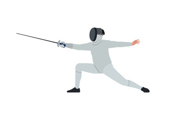 Fencer in protective gear lunging forward with a sword during a fencing match.