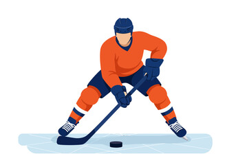 Obraz premium Hockey player in orange jersey with a helmet and gloves on the ice.