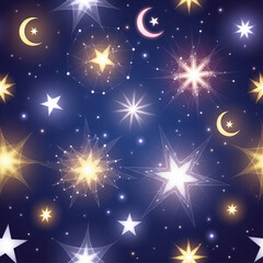 Magical night sky with crescent moons and twinkling stars