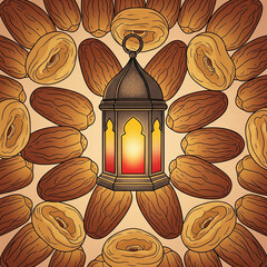 Ramadan lantern glowing amidst a circle of dried dates
